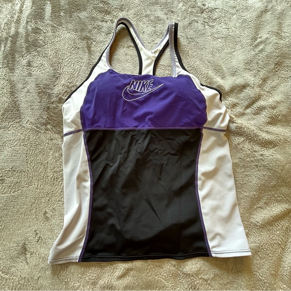 NIKE purple black white workout top bra support Size 14